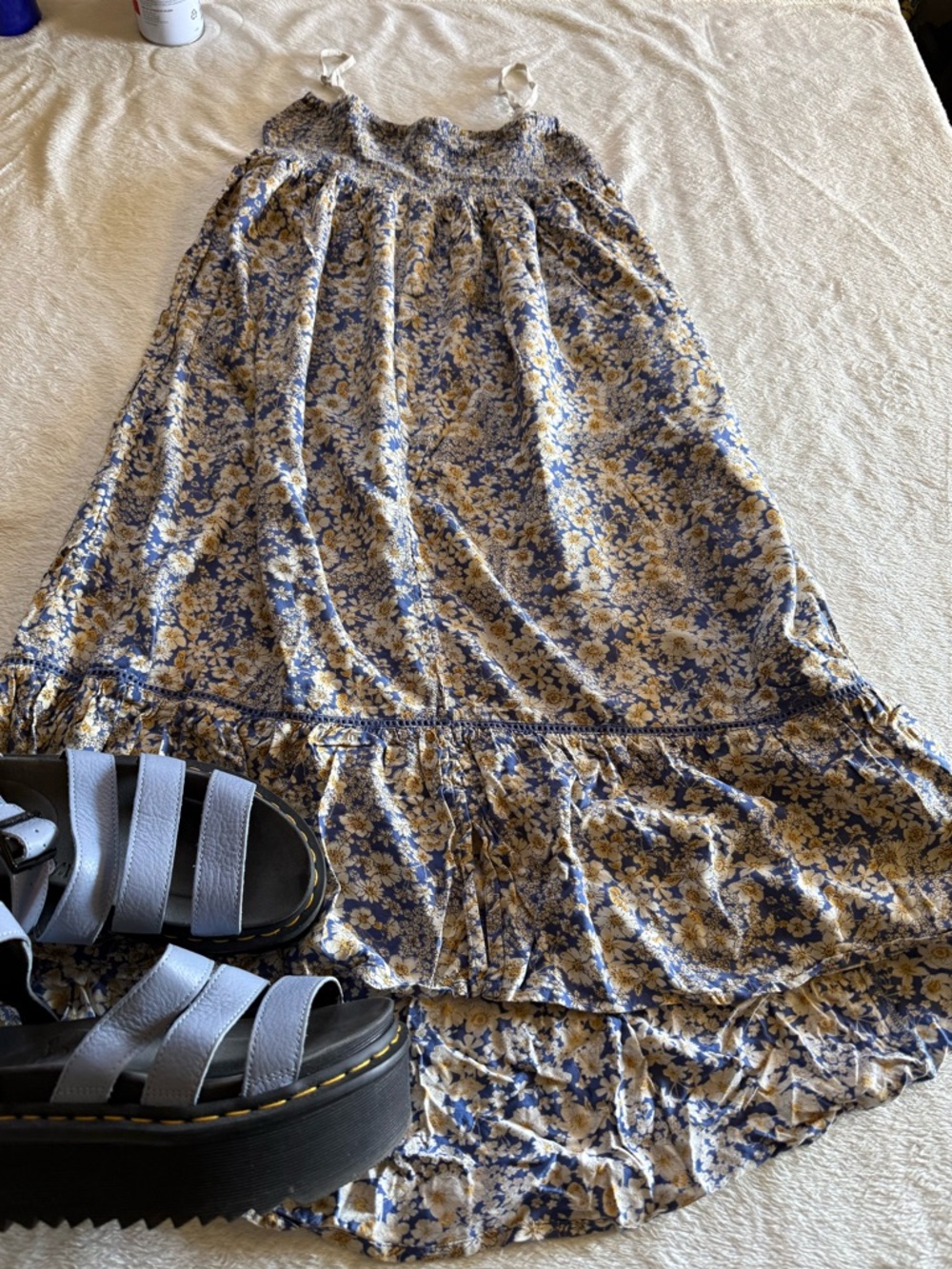 beautiful Patrons Of Peace Smocked Floral Boho Dress Flowy Blue Xs Hi Low